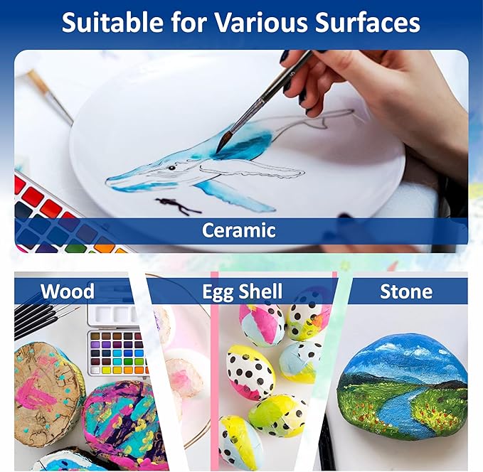 Professional Watercolor Paint Set – 50 Brilliant Colors, 6 Detail Brushes, Water Brush Pen, Swatch Sheet, Sponge & Metal Case – Portable Non-Toxic Colors with ASTM D-4236 Certificate, Kit for Adults, Artists & Students