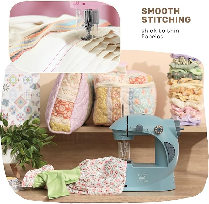 CraftBud Mini Sewing Machine for Beginners, Dual Speed Small Portable Sewing Machine for Kids and Adults with Extension Table, 122 Piece Gift Set Includes, Fabrics, Projects Book, Light and More, Blue