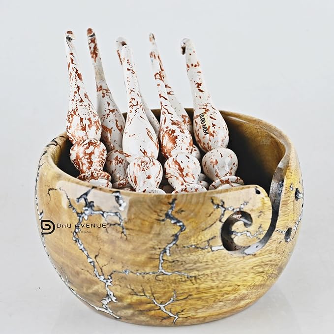 7-Piece Wooden Crochet Hook Set with Yarn Bowl – Sizes 3.5mm to 12mm, Smooth Bamboo Hooks for Yarn, Ergonomic Crochet Tools for Beginners & Experts, Handmade Yarn Holder