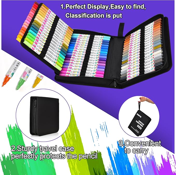 72 Colors Acrylic Paint Pens, Dual Tip Acrylic Paint Markers for Paper, Wood, Canvas, Stone, Rock Painting, Glass, Fabric, DIY, Ceramic, Art Supplies for Adults Drawing (Dot + Fine)