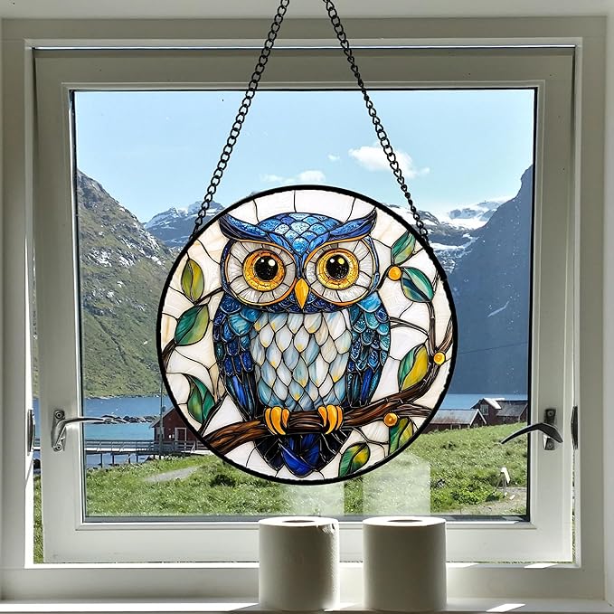Stained Glass Window Hanging, Owl Gifts for Women Sun Catchers Diamond Glass Panel Hangings Birds Suncatcher Decor for Birthday for Women, Men, Wife, Aunt, and Mom 11.8x11.8 in