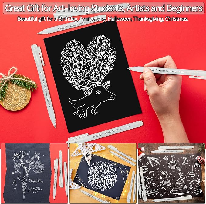 PANDAFLY White Gel Pens, 10 Pack, 1 mm Extra Fine Point Gel Ink Pen, Opaque Archival Ink Pens for Black Paper Drawing, Sketching, Card Making, White Pen for Art Highlight & Artists Drawing