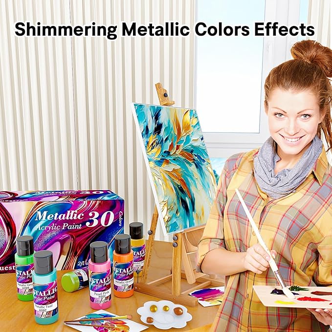 Metallic Acrylic Paint Set of Premium 30 Colors, Professional Metallic Paint with 2 fl oz（60ml） Bottles