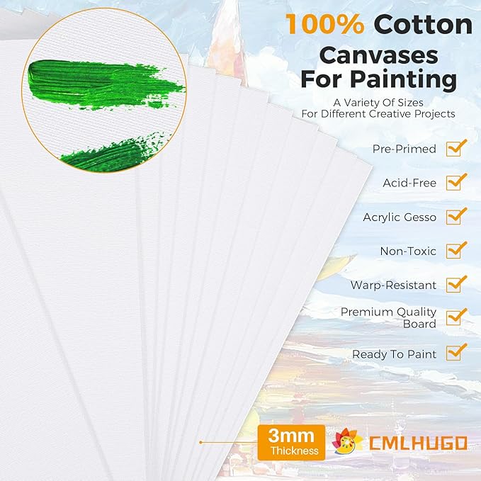 40 Pack Stretched Canvas Boards for Painting 8 of 4x4, 5X 7, 8x10, 9x12, 11x14 Art Blank Canvases, Gesso Primed 100% Cotton Canvas Panels for Acrylic Oil Watercolor Adults & Kids
