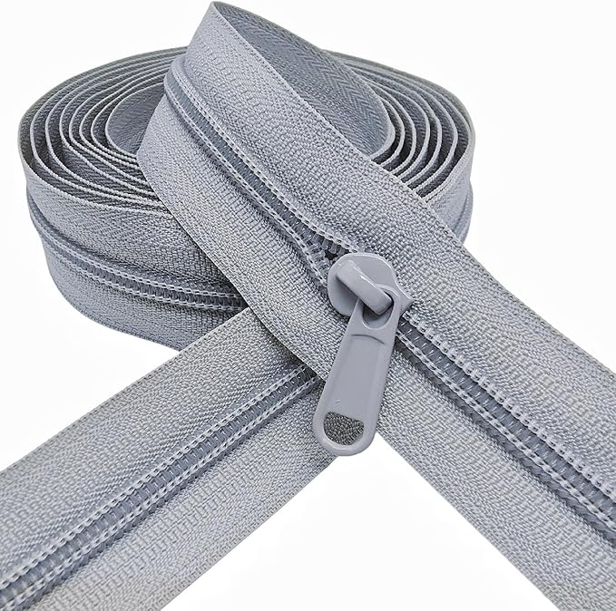 MebuZip #5 Nylon Coil Zippers by The Yard Bulk Zipper Roll Zipper Tape 10 Yards with 25pcs Pulls for Sewing Tailor DIY Craft Bags Pillows (Grey 10Yards)