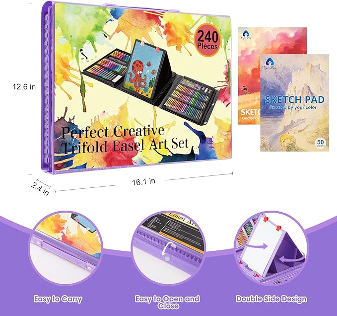 VigorFun Art Supplies, 240-Piece Drawing Art Kit, Gifts for Girls Boys Teens, Art Set Crafts Case with Double Sided Trifold Easel, Includes Sketch Pads, Oil Pastels, Crayons, Colored Pencils (Purple)