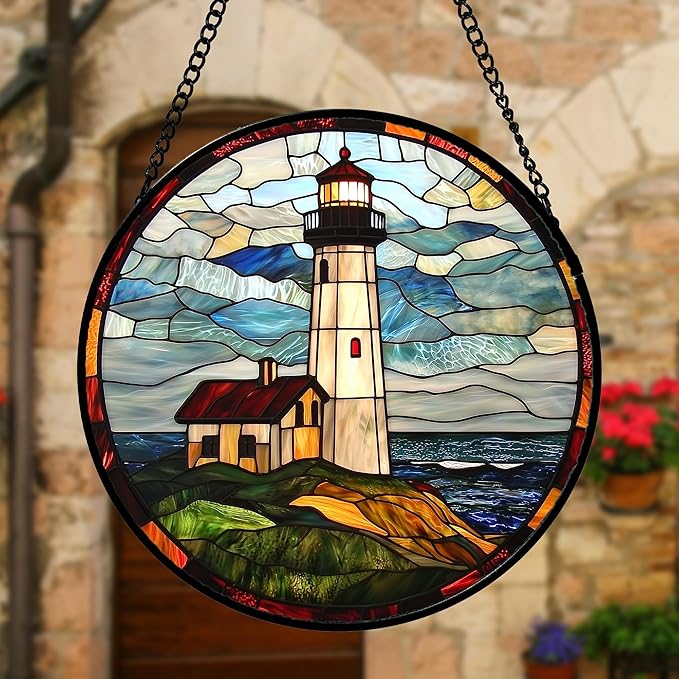 Stained Glass Window Hanging, Ocean Lighthouse Sun Catchers Glass Panel Blue Green Suncatcher Decor for Birthday for Women, Men, Wife, Aunt, and Mom 7.8 in