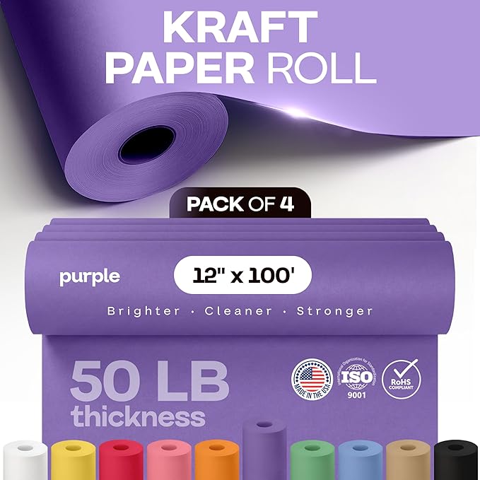 12" x 1200" (100 feet) Purple Kraft Paper Roll, Pack of 4 - USA-Made Quality Craft Paper for Gift Wrapping, Kids Arts & Crafts, School Projects - 100% Recycled Natural, 50lb Thickness by IDL Packaging