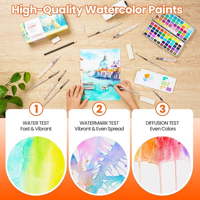 Watercolor Paint Set, 100 Colors, Travel Water Colors kit with 9 Brushes, 3 Swatch Cards, Palette set Including Metallic and Accessories Art Supplies Gifts for Beginners, Artists, Adults and Hobbyists