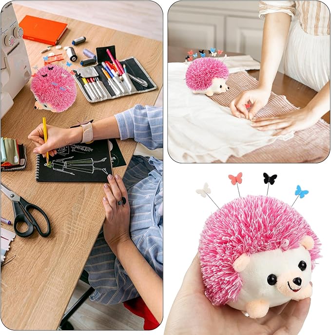 Hedgehog Shaped Pin Cushion Sewing Kit, Sewing Pincushion with 100 Pcs Colored Butterfly Pins for Sewing Dressmaker (Pink)