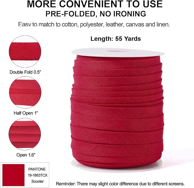 Bias Tape Double Fold 1/2 inch, Double Fold Bias Binding Tape 55 Yards (Wine Red) and 4 Pieces Sewing Fabric Chalks for Crafts, Sewing, Seaming, Hemming, Piping, Quilting.