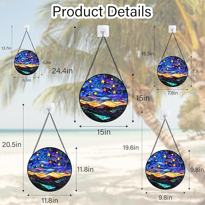 Stained Glass Window Hanging, Blue Sky Gold Stars Abstract Landscape Suncatcher for Doors Window Home Sun Catchers Decor Mother's Day Birthday Gifts for Women, Men Mom 9.8 in