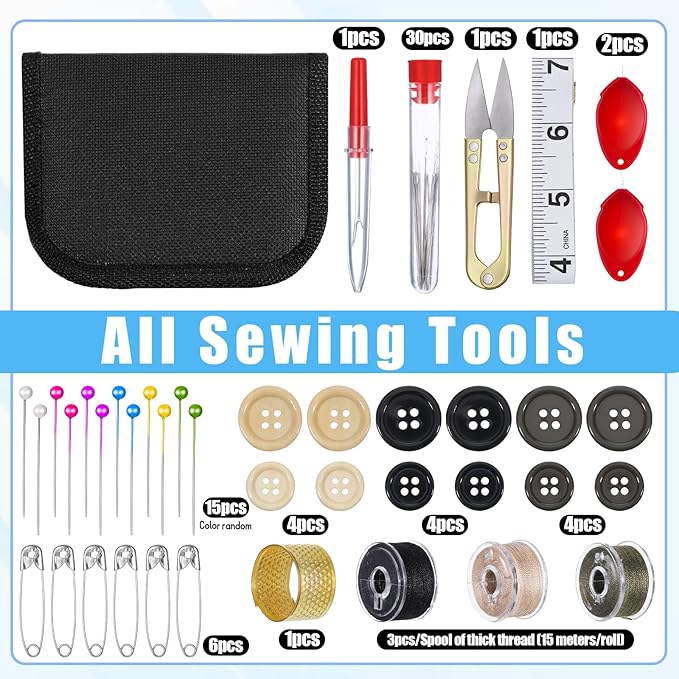 Survival Sewing Kit with Buttons, Complete Thread Needle Repair Tools Small Repair Tools in Durable Nylon Case with Zipper Closure for Emergency Everyday Use Home Outdoor Travel