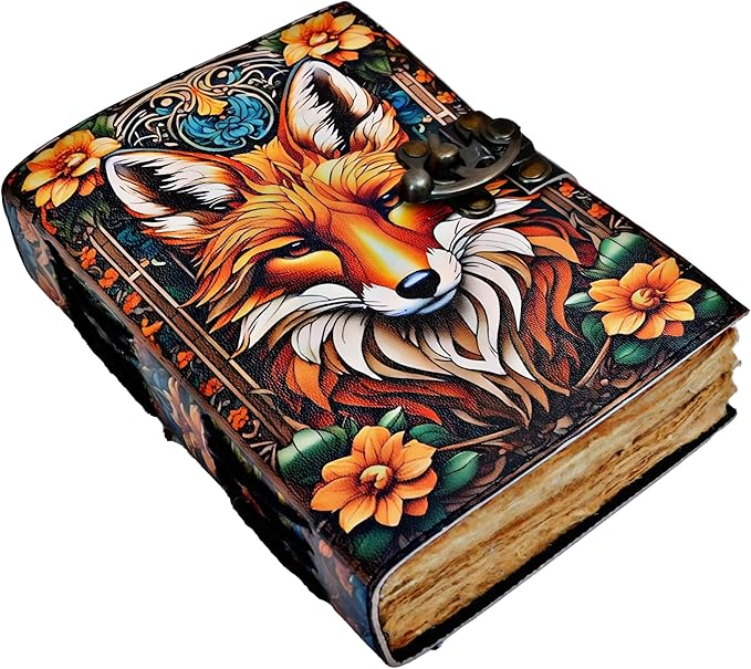 Book of Shadows Fox Print Grimoire Journal Witchcraft Supplies Witch Spell for Men & Women 200 Pages with Lock Clasp Vintage Handmade Deckle Edge Paper, Leather Sketchbook, Gifts