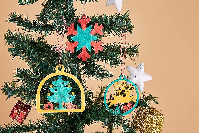 Artmag 50pcs Unfinished Wooden Hanging Ornaments for Christmas Decorations,5 Styles DIY Wood Slices with Holes for Crafts Centerpieces Holiday Hanging Decorations