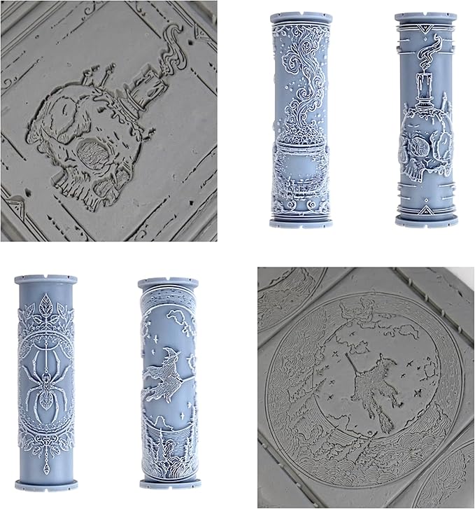Wicked Wonders Collection Clay Texture Rollers 4-Pack (4") - Halloween Set #01 - Embossing Pattern Rollers for Polymer & Ceramic Clay, Pottery & Crafts