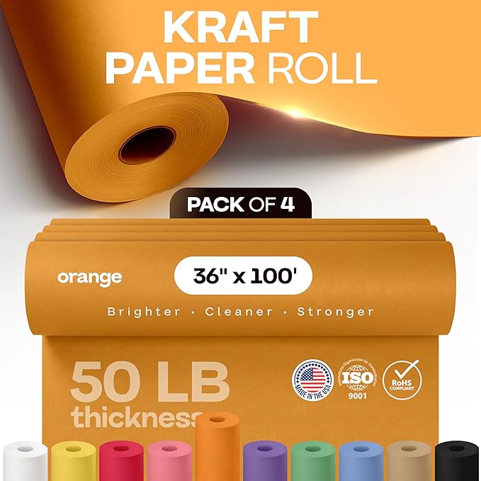 36" x 1200" (100 ft) Orange Kraft Paper Roll, Pack of 4 - USA-Made Quality Craft Paper for Gift Wrapping, Kids' Arts & Crafts, School Projects - 100% Recycled, 50 lb Natural Material by IDL Packaging