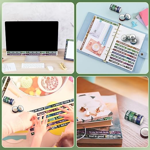 Janlaugh 24 Rolls Christian Washi Tape Gifts Bulk Religious Inspirational Scripture Supplies Cross Bible Verse Washi Tape for Bible Journaling Study Crafting New Year DIY Gifts