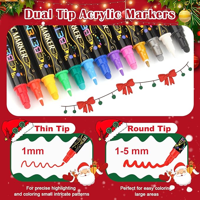 Betem 12 Colors Dual Tip Acrylic Paint Pens Markers, Premium Acrylic Paint Markers Stocking Stuffers for Rock, Wood, Fabric, Glass, Canvas, Ceramic, Christmas Gifts for Teens DIY Crafts Art Supplies