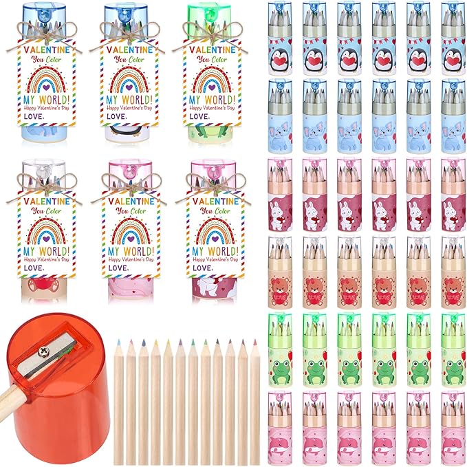 36 Pack Valentine Mini Colored Pencils with Sharpener in Tube Valentine's Day Party Favor with Valentines Cards,Come with Jute Rope for Adults Writing Sketching Painting,12 Colors