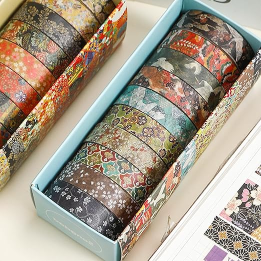 10 Rolls Ukiyo-e Style Washi Tape Set Japanese Kyoto Arts Adhesive Tapes Skinny Decorative Masking Tape Sets for Craft, Kids, Scrapbook, DIY, Gift Wrapping (Golden Seasons)