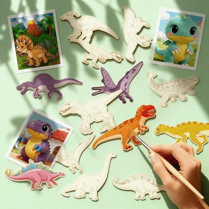 36 Pcs DIY Wooden Magnets, Unfinished Wood Dinosaur Animal Cutouts Ornaments for Crafts, Wooden DIY Paint Craft,Wood Discs Slices Dino Shapes Blank Hanging Embellishment for Kids Home Decor