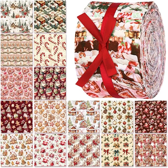 Ganeen 100 Pcs Christmas Gingerbread Man Quilting Fabric Roll 2. 56 Inch Fabric Squares Jelly Patchwork Precut Strips Bundles for Holiday Materials Craft DIY Sewing Cloths