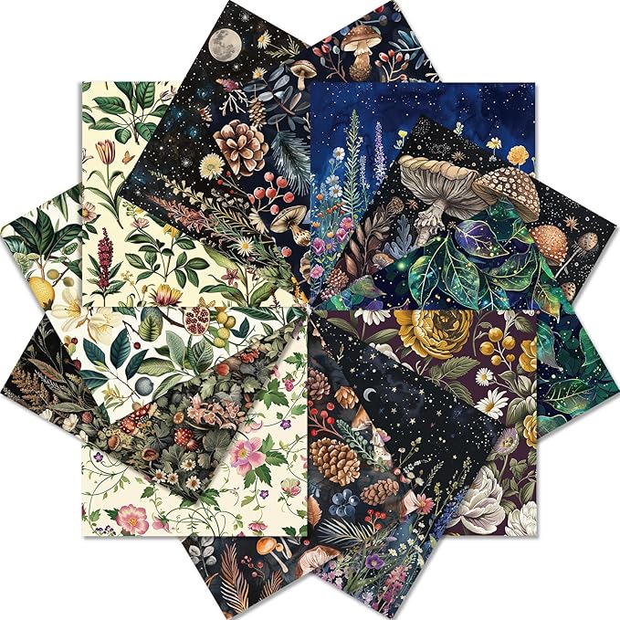 12 Sheets Fantasy Forest Botanical Scrapbook Paper Set 6" x 6" – Vintage Floral Mushroom Nature Craft Paper for Journaling, Decoupage, Origami, Card Making, DIY Art Projects