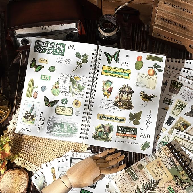 RISYPISY Pre-Cut Vintage Washi Journaling Sticker Book for Scrapbooking, 476PCS Green Scrapbooking Supplies, Ephemera for Junk Journal Supplies Crafts Arts, Dark Academia Stickers for journaling