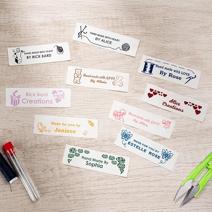 callie Personalized 25-200Pcs Sewing Labels - Custom Text & 10 Cute Pattern, Fabric Handmade with Love Sewing Tags for Clothes, Gifts for Knitting DIY Craft Lovers