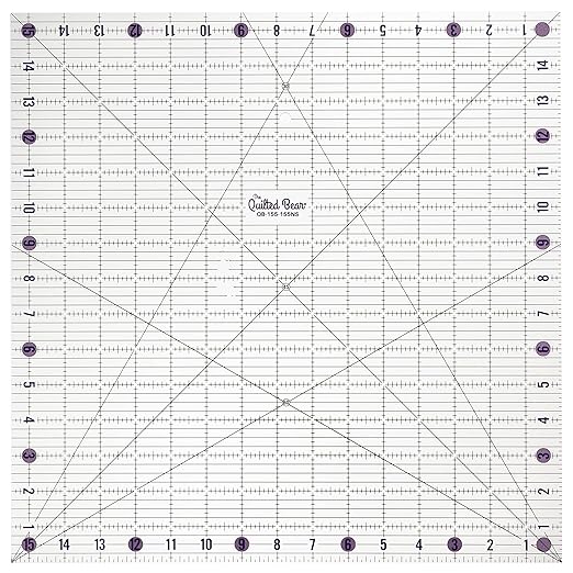 The Quilted Bear Quilting Rulers - Transparent Acrylic Non Slip Quilting, Patchwork & Sewing Ruler with Clear Black Lines & 30, 45 & 60 Degree Angles for Perfect Accuracy & Precision (15.5" x 15.5")