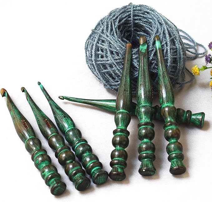 Handmade Ergonomic Wooden Crochet Hooks for Arthritic Hands (Set of 7) Needles for Yarn Accessories | Size 4 mm to 10 mm with Engraved | Yarn Tool (Green)