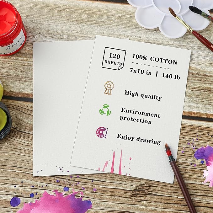 Silunkia 120 Sheets 100% Cotton Watercolor Paper 7 x 10, 140lb/300gsm Heavyweight Cold Pressed Off White Paper for Students Adults Beginner Artists Drawing Valentine Gift Cards