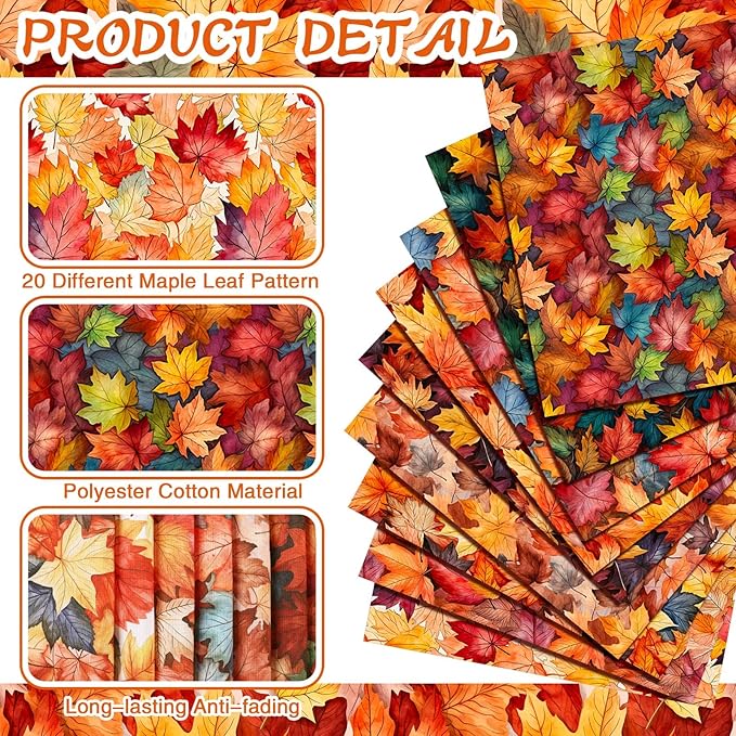 HunnmingRe 20 Pcs 10''x10'' Fall Maple Leaf Quilting Fabric Square Thanksgiving Maple Leaf Quiltted Fabric Bundle Multicolor Precuts Printed Patchwork Supplies for Autumn Harvest DIY Sewing Craft