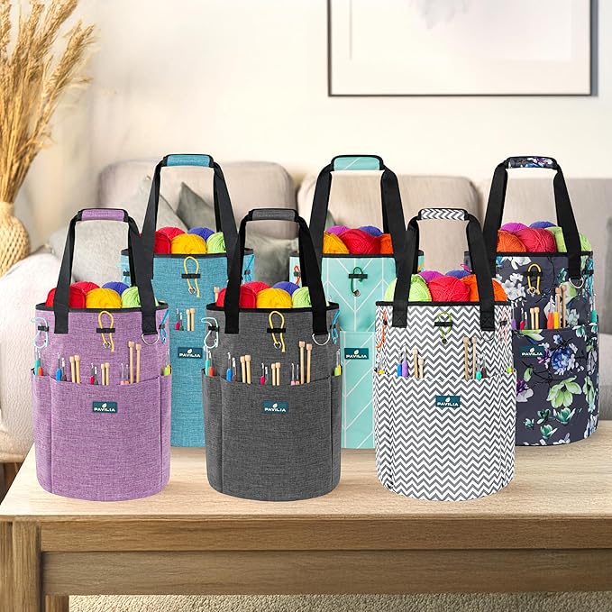 PAVILIA Crochet Bag Knitting Bag Organizer, Yarn Bag Storage Tote for Crocheting On The Go, Knitting Accessories Supplies Holder with Grommets, Gift for Crochet Lovers Knitters (Charcoal Gray)