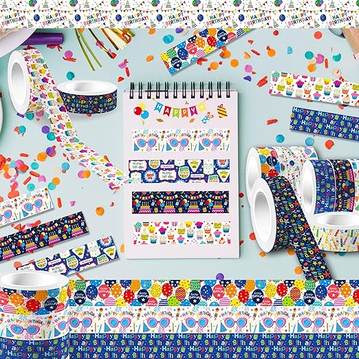 Adirasenotek Happy Birthday Washi Tape Colorful Washi Masking Tapes 12 Rolls,Birthday Decorative Paper Stickers for Note Scrapbook Handbook Sticker Coquette Gift Wrapping DIY Art Crafts