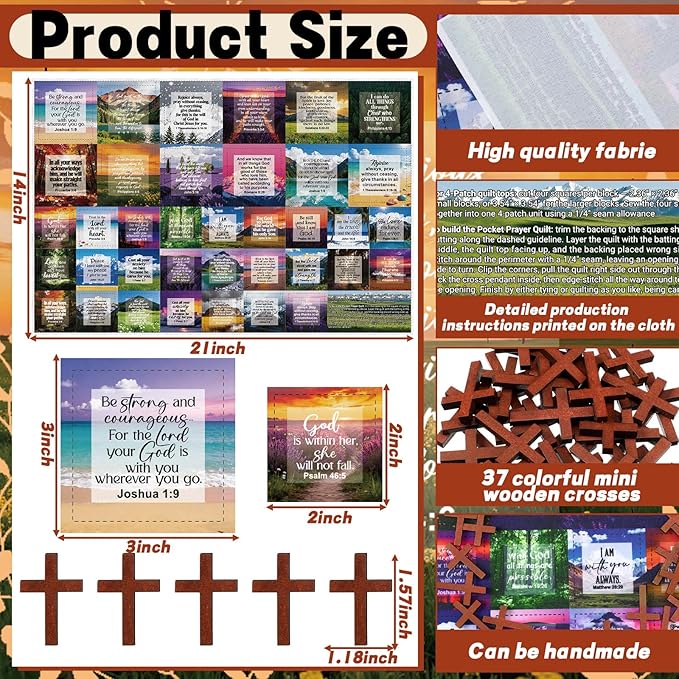 Pocket Prayer Quilt Panel Squares with Small Wooden Crosses Mini Scripture Pocket Prayer Quilt for Friend Family Religious Spiritual Gift Easter Reward Gift(Scenery,Brown)