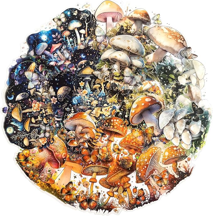 60PCS Holographic Mushroom Stickers for Scrapbooking – Clear Fairycore Aesthetic Stickers with Fantasy Glow, Cottagecore Fungi Forest Decals for Journaling, Planners, Resin Crafts, Laptop Decor
