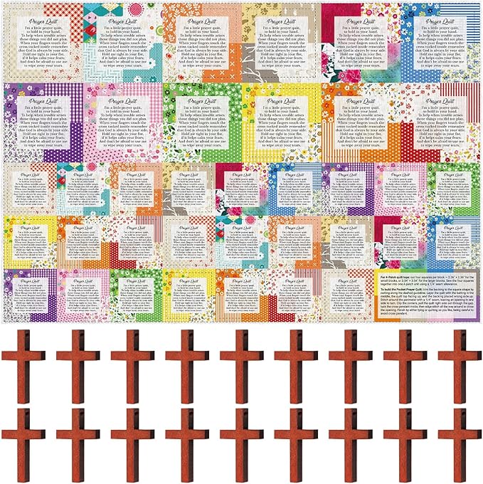 Pocket Prayer Quilt Panel Squares with Small Wooden Crosses Mini Scripture Pocket Prayer Quilt for Friend Family Religious Spiritual Gift Easter Reward Gift(Vivid1,Burlywood)