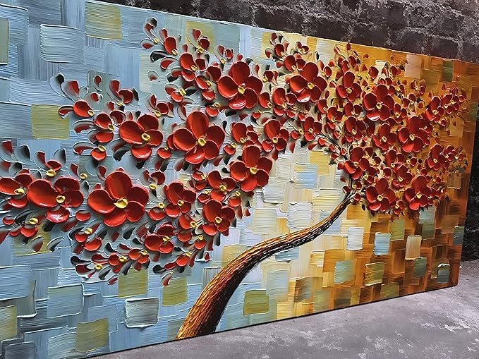 YaSheng Art- hand painted Contemporary Art Oil Painting On Canvas Texture Palette Knife 3D Red Flowers Tree Paintings Abstract Art Home Modern Bedroom Dining Room Living Room Wall Art Decor 20x40inch