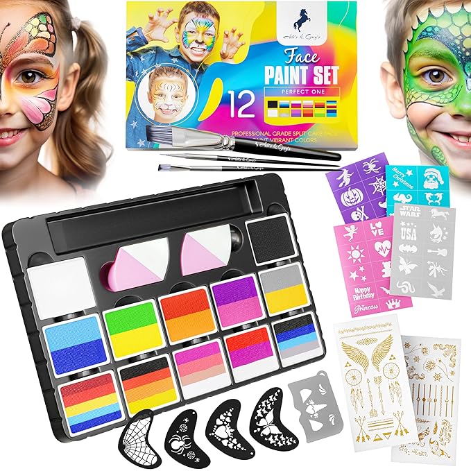 Face Paint Kit for Kids – 12 Vibrant Split Cake Colors, 40 Reusable Stencils, Brushes, Sponges & Tattoo Sheets – Non-Toxic, Paraben-Free, Easy to Apply & Wash Off – Perfect for Parties & Halloween.