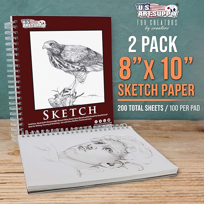 U.S. Art Supply 8"x10" Sketch Book Pad, 2 Pack (100 Sheets Each), 60lb (100gsm) Spiral Bound - Sketching, Drawing Pad, Acid-Free Paper - Sketch Pads for Adults, Students: Colored Pencils, Charcoal