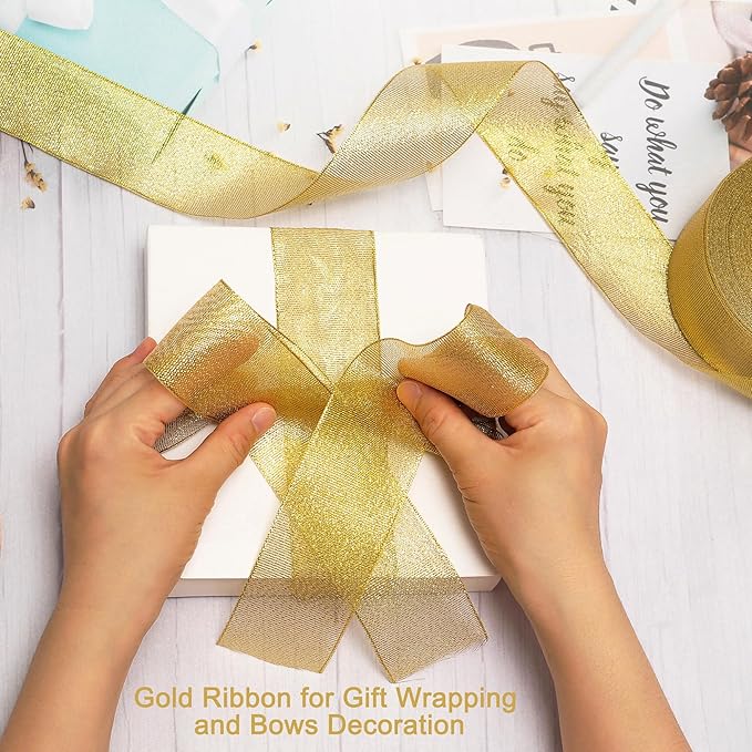 50 Yards Gold Glitter Ribbon 2 Inch, Sparkly Width Solid Fabric Ribbon for Gift Wrapping, Crafts, Holiday Wedding Birthday Party Decoration Flower Bouquet, 2 Inch Metallic Gold Ribbon Roll