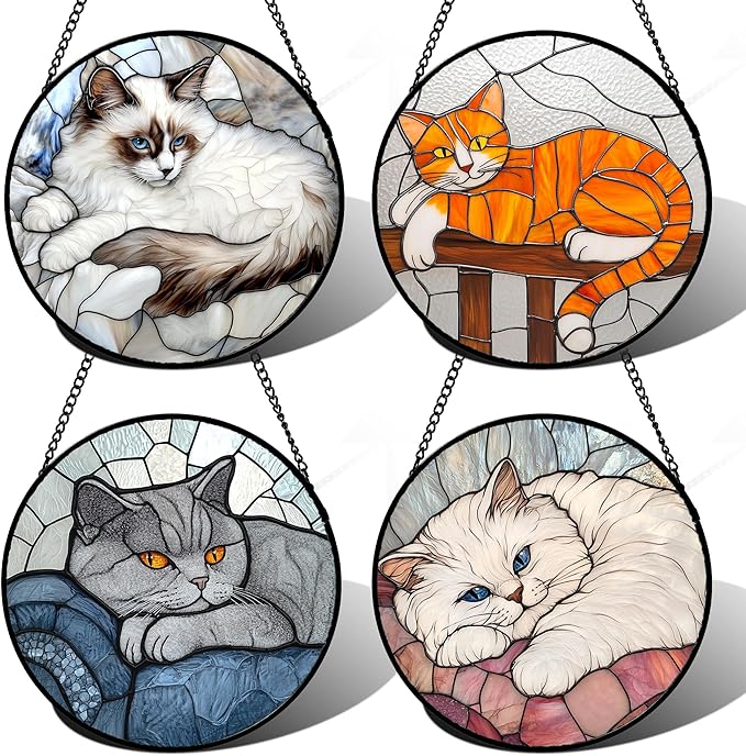 Stained Glass Window Hanging 4 Pcs Set Cute Cat Large 11.8" - Suncatcher Door Garden Sun Catcher Decor Birthday Mother's Day Christmas Comfort Gifts for Lost Pet Woman Nana Mom Men Friend