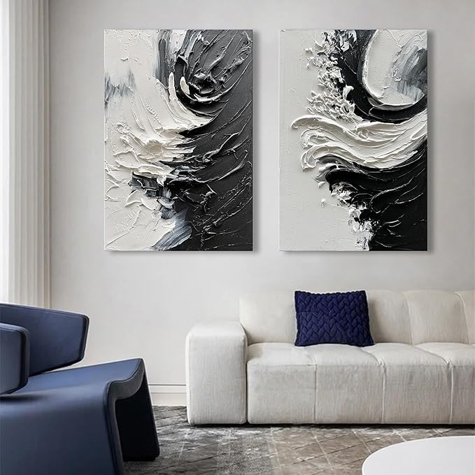 NANKAI Art Hand-Painted Thick Textured White and Black Minimalist Oil Painting Home Wall Art Deco 36x24 inches