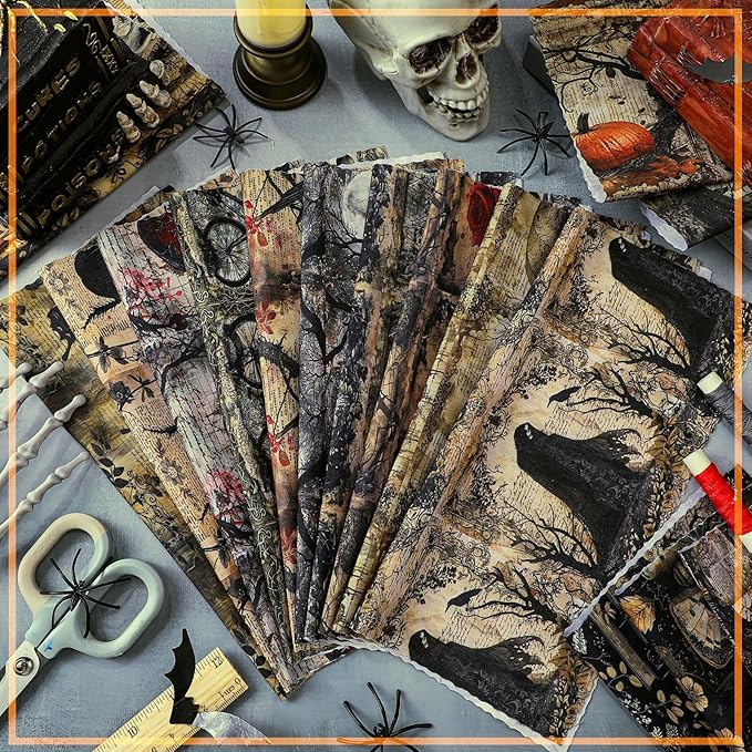 HunnmingRe 20 Pcs 10''x10'' Halloween Quilting Fabric Square Skeleton Butterfly Rose Heart Quiltted Fabric Bundle Black Precuts Printed Patchwork Supplies for Holiday DIY Sewing Craft