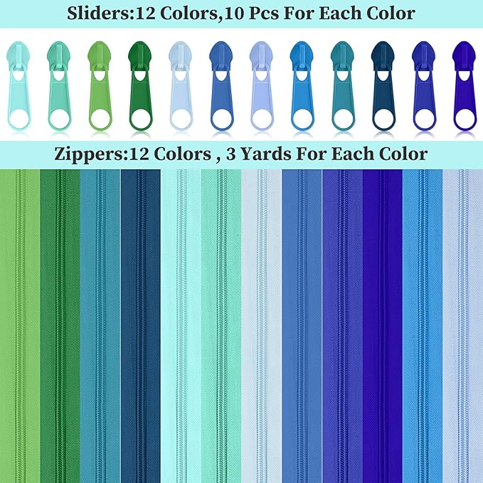 Syhood 36 Yards 12 Pieces #5 Sewing Zippers Tapes Assorted Nylon Lightweight with 120 Plastic Zipper Sliders for Women Men Sewing Supplies(Artsy Color)