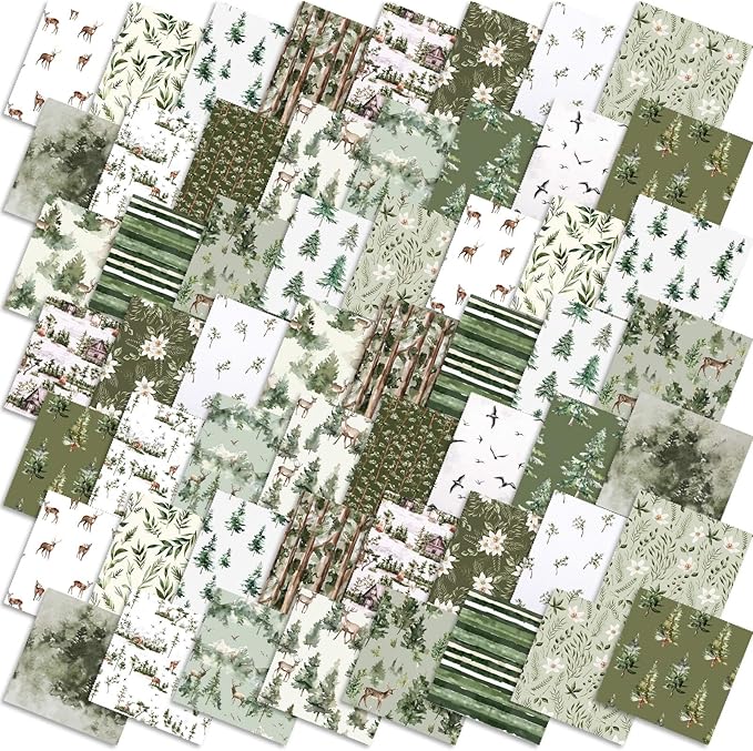 Oudain 60 Pcs 10 x 10 Inch Christmas Watercolor Forest Quilting Fabric Squares Vintage Green Xmas Fat Patchwork Precut Strips Santa Deer Hunting Fabric Bundles for Xmas DIY Craft Sewing