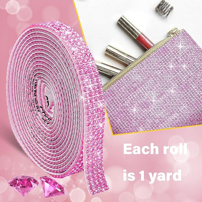 4 Rolls Self Adhesive Crystal Rhinestone Ribbon Diamond Bling Tape with 2 mm Rhinestones Strips Sticker for Arts Crafts Wedding Birthday Party DIY Event Car Phone Decoration (Pink)