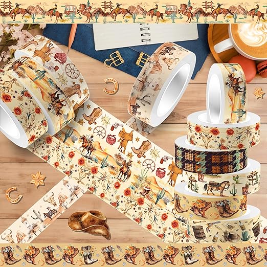 Adirasenotek 12 Rolls Western Washi Tape Set, Cowboy Cowgirl Decorative Paper Stickers, DIY Art Crafts Wrapping Decor for Gifts, Cowboy Stickers